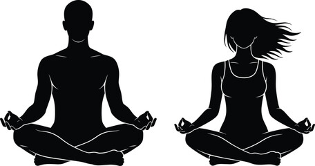 Meditating man and woman silhouettes vector, yoga lotus pose meditation figures set, mindfulness wellness relaxation concept isolated fitness illustration