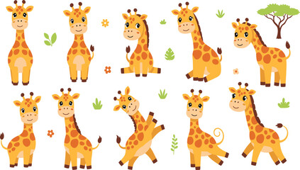 Obraz premium Cute Giraffe Vector Illustration Set Featuring Adorable African Safari Animals in Standing, Sitting, and Playful Poses for Wildlife Graphics and Kids Nursery Designs.