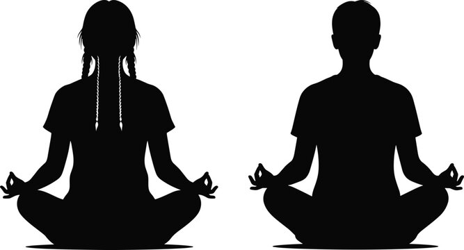meditating people silhouette set, man and woman yoga lotus pose icons, mindfulness meditation concept, spiritual wellness lifestyle black vector illustration collection