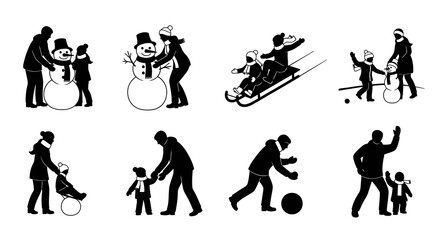 Obraz premium Winter Family Activities Silhouette Icons: Making Snowmen, Sledding, Snowball Fun