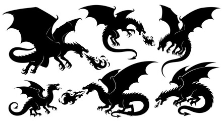 Naklejka premium Fantasy Dragons Black Silhouettes Set - Mythical Fire-Breathing Creatures Vector Art