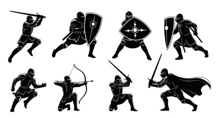 Knights in Battle Poses: Medieval Warriors Sword Shield Archer Glyph
