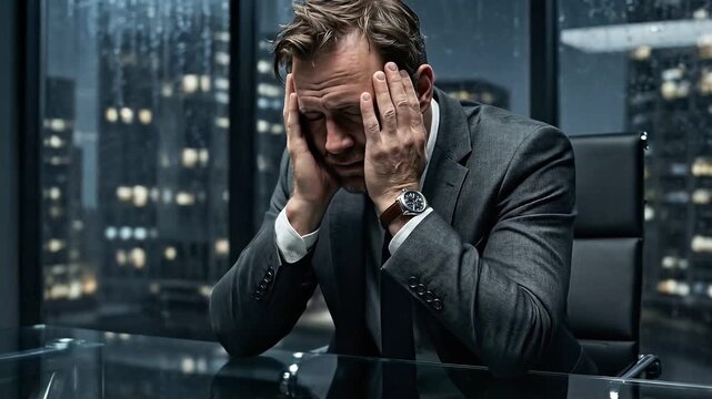Stressed businessman overwhelmed in modern office on rainy night