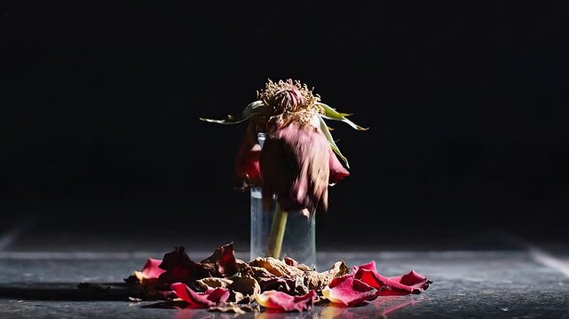 Single red rose in glass vase on dark background with dramatic lighting