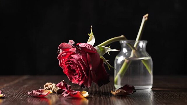 Single red rose in glass vase on dark background with dramatic lighting