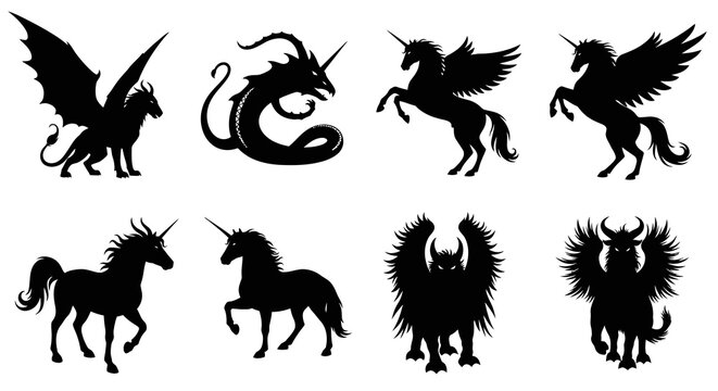 Mythical Creatures Silhouettes Vector Set for Fantasy Graphic Design and Medieval Themes
