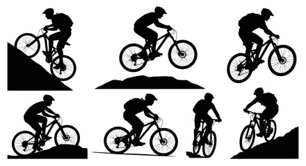 Obraz premium Silhouettes of Mountain Bikers Riding Downhill