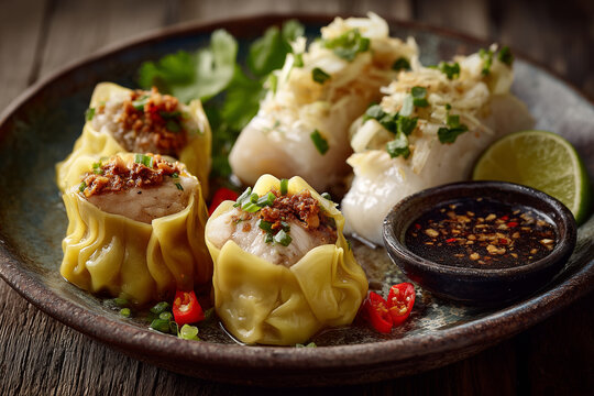 Indonesian siomay served with peanut sauce, and steamed fish dumplings with potatoes.