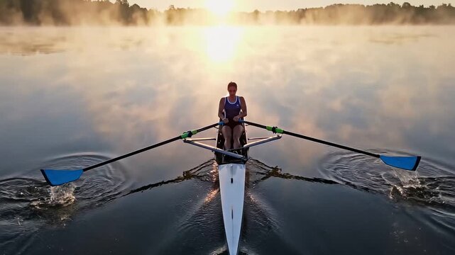 Woman rowing alone on serene misty lake at sunrise