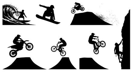 Obraz premium Extreme Sports Silhouettes: Surfing, Snowboarding, Motocross, BMX, Climbing, Vector Art
