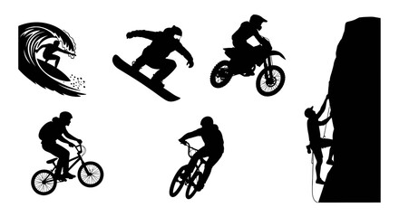 Naklejka premium Black White Silhouette of Extreme Sports Athletes on White Background
