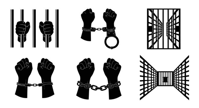 Black and White Illustration of Hands in Chains and Jail Bars