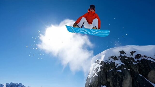 Snowboarder in orange jacket jumping off snowy mountain peak with blue board