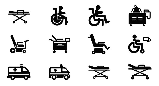 Medical Equipment Icons: Stretcher, Wheelchair, Ambulance, Medical Cart, Glyph Art