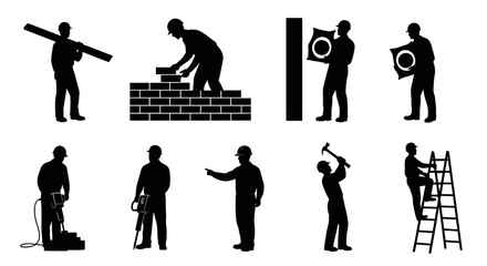 Fototapeta premium Construction worker silhouettes: building, hammering, carrying materials