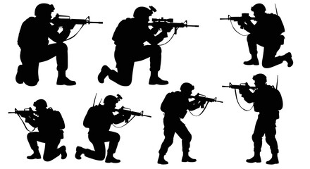 Obraz premium Silhouette Soldiers with Rifles, Military Combat Poses, Vector Art