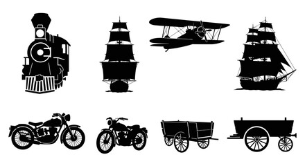 Obraz premium Vintage Transportation Icons: Train, Ship, Plane, Motorcycle, Cart - Black Silhouette