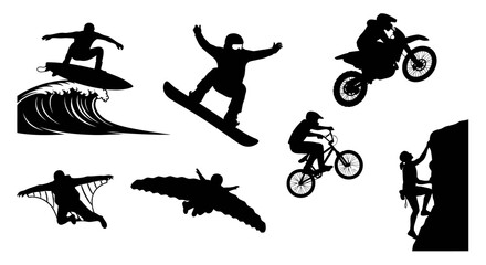 Naklejka premium Action Sports Silhouettes: Surfing, Snowboarding, Motocross, BMX, Wingsuit, Climbing