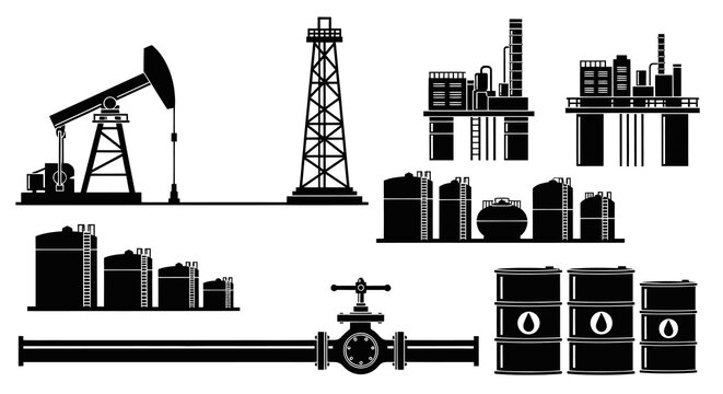 Oil Industry Icons: Pumpjack, Refinery, Tanks, Pipeline, Barrels