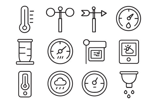 Collection of linear weather icons representing meteorological measurements