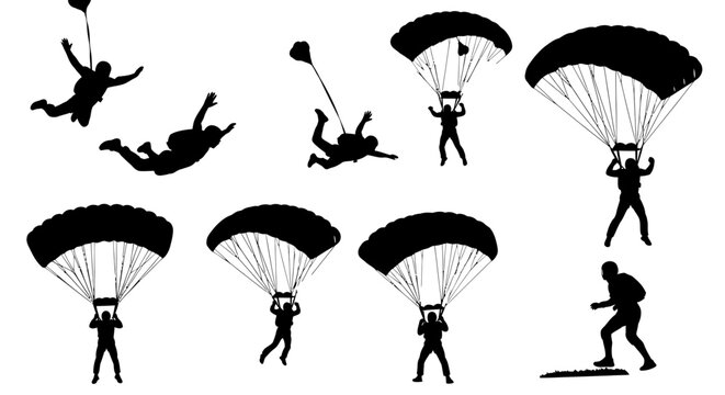 Black  White Silhouettes of Skydivers in Various Poses, Parachuting, Skydiving