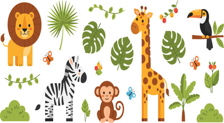 Obraz premium Cute Jungle Animals Vector Illustration Set Featuring Lion, Giraffe, Zebra, Monkey, and Toucan with Tropical Leaves for Wildlife Nature Graphics.