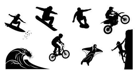 Naklejka premium Silhouette extreme sports: surfing, snowboarding, BMX, motocross, wingsuit, climbing