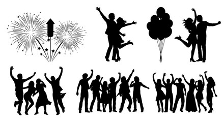 Festive Celebration Silhouettes: Fireworks, Dancing Couples, Balloons