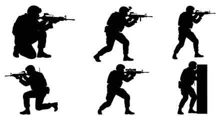 Obraz premium Silhouette Soldiers with Rifles, Combat Poses, Military Action Vector Art