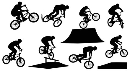 Naklejka premium Black and white silhouette of BMX riders performing stunts on bikes and ramps