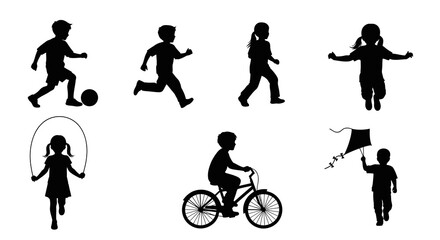 Black and white silhouettes of children playing diverse outdoor sports and activities