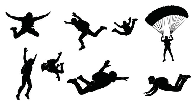 Skydiver Silhouettes: Freefall and Parachute Jump Vector Icons