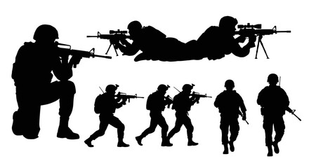 Obraz premium Black Silhouette Soldiers with Rifles, Military Action Poses, Vector Art