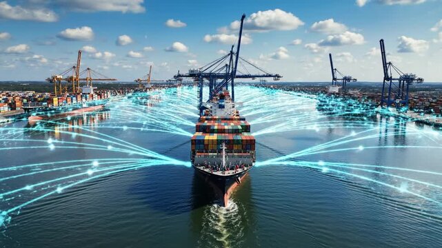 Cargo ship navigating through a busy port with digital connections and cranes in the background, representing global trade and logistics