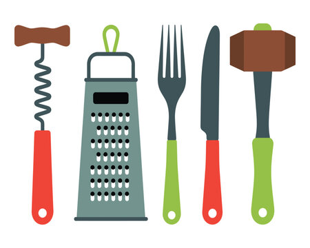 Collection of colorful kitchen utensils on a white background