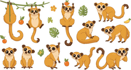 Fototapeta premium Cute Kinkajou Vector Illustration Set Featuring Adorable Tropical Tree Dwelling Mammals in Climbing, Sitting, and Hanging Poses for Wildlife Designs.