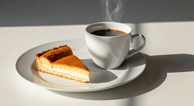 A slice of golden baked cheesecake served on a white plate with a steaming cup of hot black coffee. und kuchen