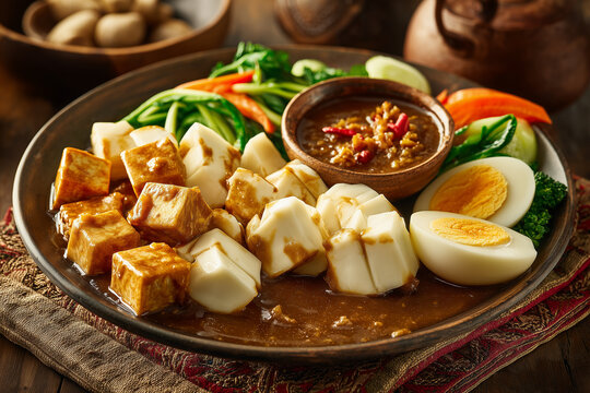 A plate of Indonesian somay with rich peanut sauce, dumplings, boiled egg, tofu, and vegetables, a traditional street food dish.