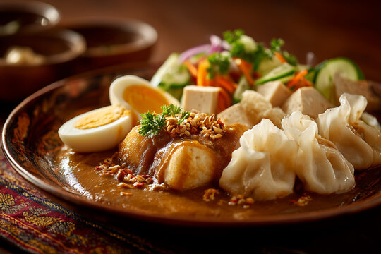 A plate of Indonesian somay with rich peanut sauce, dumplings, boiled egg, tofu, and vegetables, a traditional street food dish.