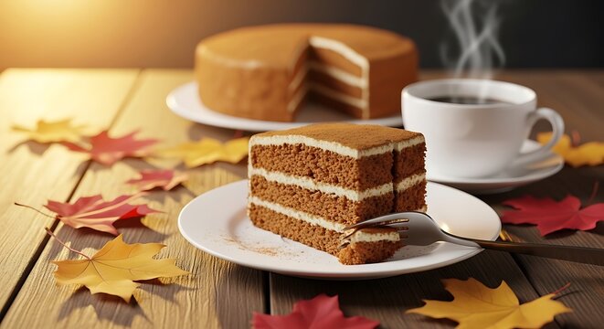 A slice of decadent spiced autumn cake served with a steaming cup of coffee on a wooden table. und kuchen