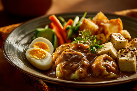 A plate of Indonesian somay with rich peanut sauce, dumplings, boiled egg, tofu, and vegetables, a traditional street food dish.