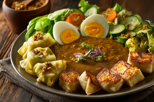 A plate of Indonesian somay with rich peanut sauce, dumplings, boiled egg, tofu, and vegetables, a traditional street food dish.