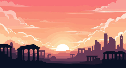 Fototapeta premium Ancient ruins silhouetted against a vibrant sunset sky with dramatic clouds