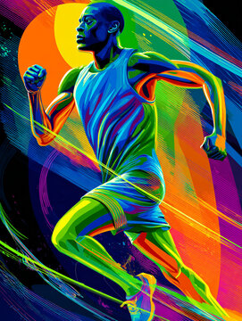 A vibrant, stylized illustration of a young man running, featuring dynamic, colorful geometric streaks and a high-contrast dark background that emphasizes speed and energy.