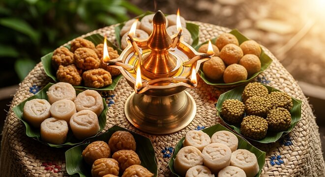 Lit traditional brass oil lamp surrounded by authentic Sinhala and Tamil New Year sweets on a woven Avurudu Kema Mesaya, celebrating Sri Lankan culture