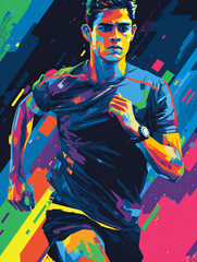 A vibrant, stylized illustration of a young man running, featuring dynamic, colorful geometric streaks and a high-contrast dark background that emphasizes speed and energy.