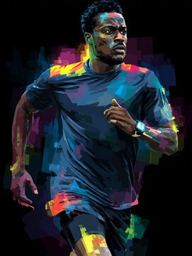 A vibrant, stylized illustration of a young man running, featuring dynamic, colorful geometric streaks and a high-contrast dark background that emphasizes speed and energy.