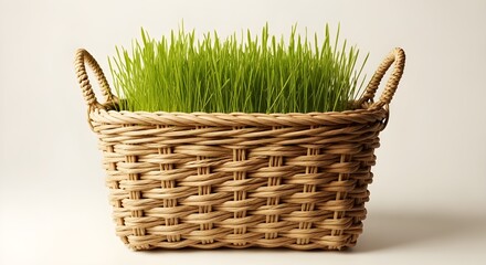 Obraz premium Easter sunday woven basket with fresh green grass for springtime celebrations