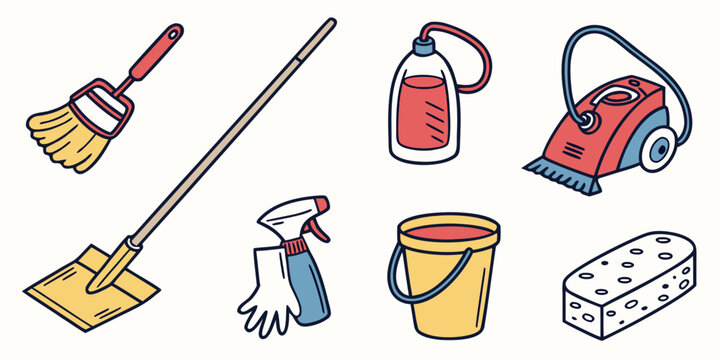 collection of cleaning supplies and tools Vector
