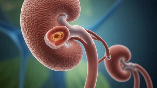 Human kidney anatomy with renal pelvis and ureter on a blue and green background, used for medical education